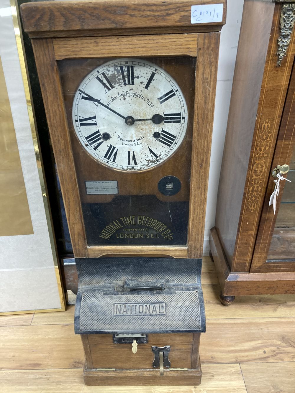 An early 20th century National Time Recording clock, width 33cm depth 28cm height 97cm